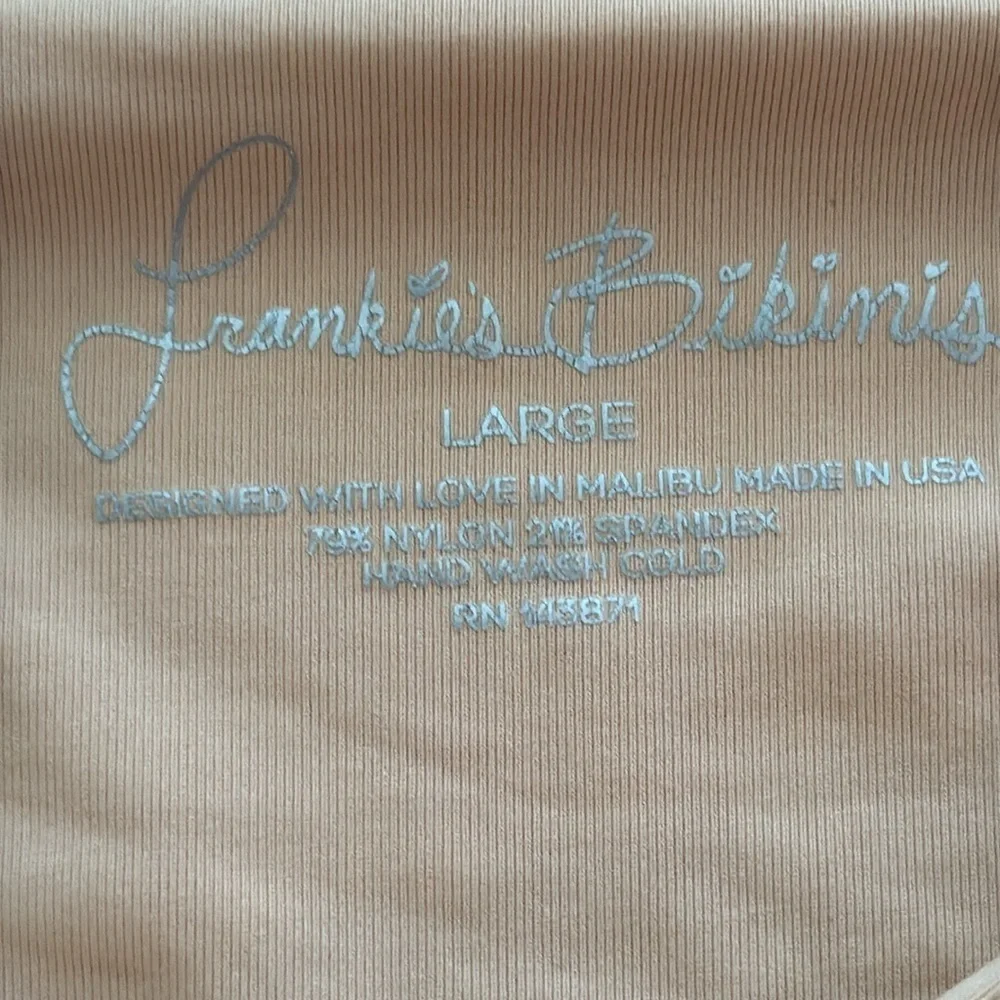 Frankie's Bikinis sz L Tan Bikini Swim Set, crocheted details great condition
